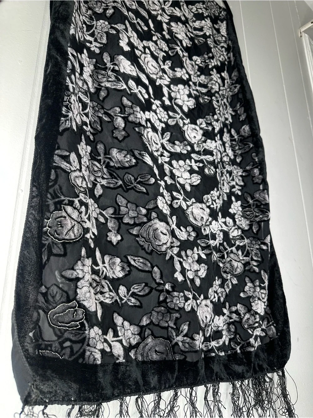 Vintage 90s Black Velvet Floral Burnout Shawl Scarf